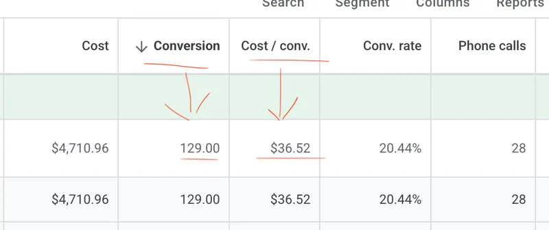 Google Ads results showing 129 conversions and 28 phone calls with 20.44% conversion rate for a healthcare practice
