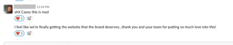 Slack message from a client expressing excitement about their new website and thanking the team