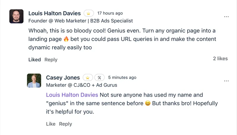 LinkedIn comment from a B2B Ads Specialist praising the marketing strategy as genius