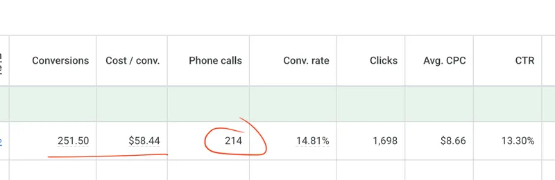 Google Ads performance showing 251 conversions, 214 phone calls, and 14.81% conversion rate for a healthcare practice