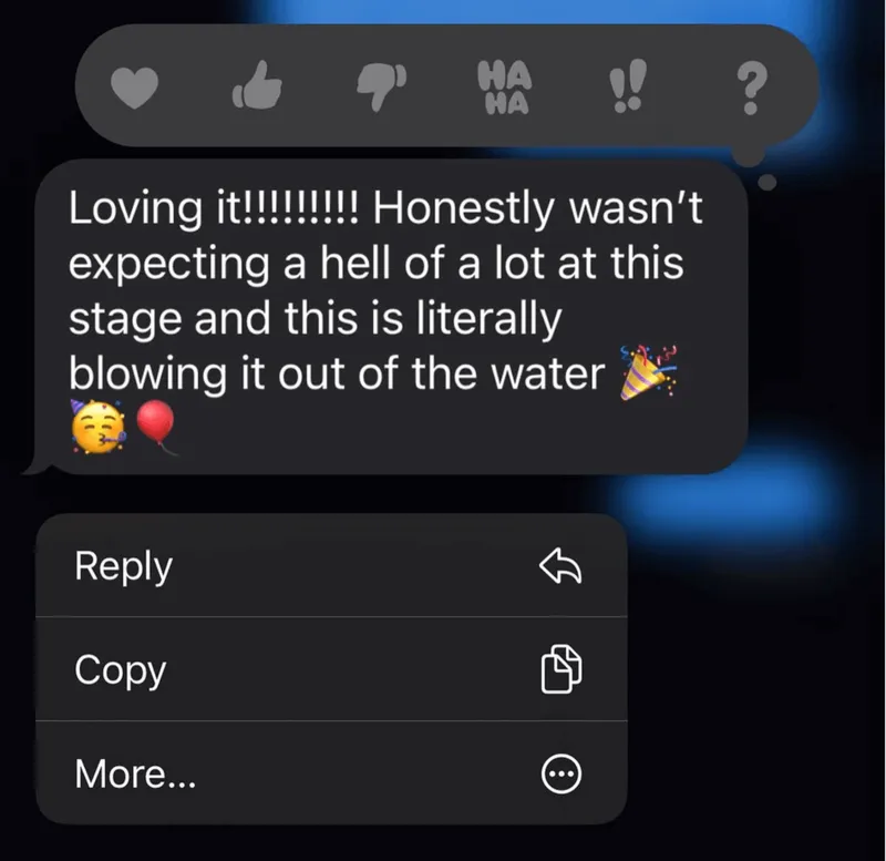iMessage from a client saying results are blowing it out of the water and exceeding expectations